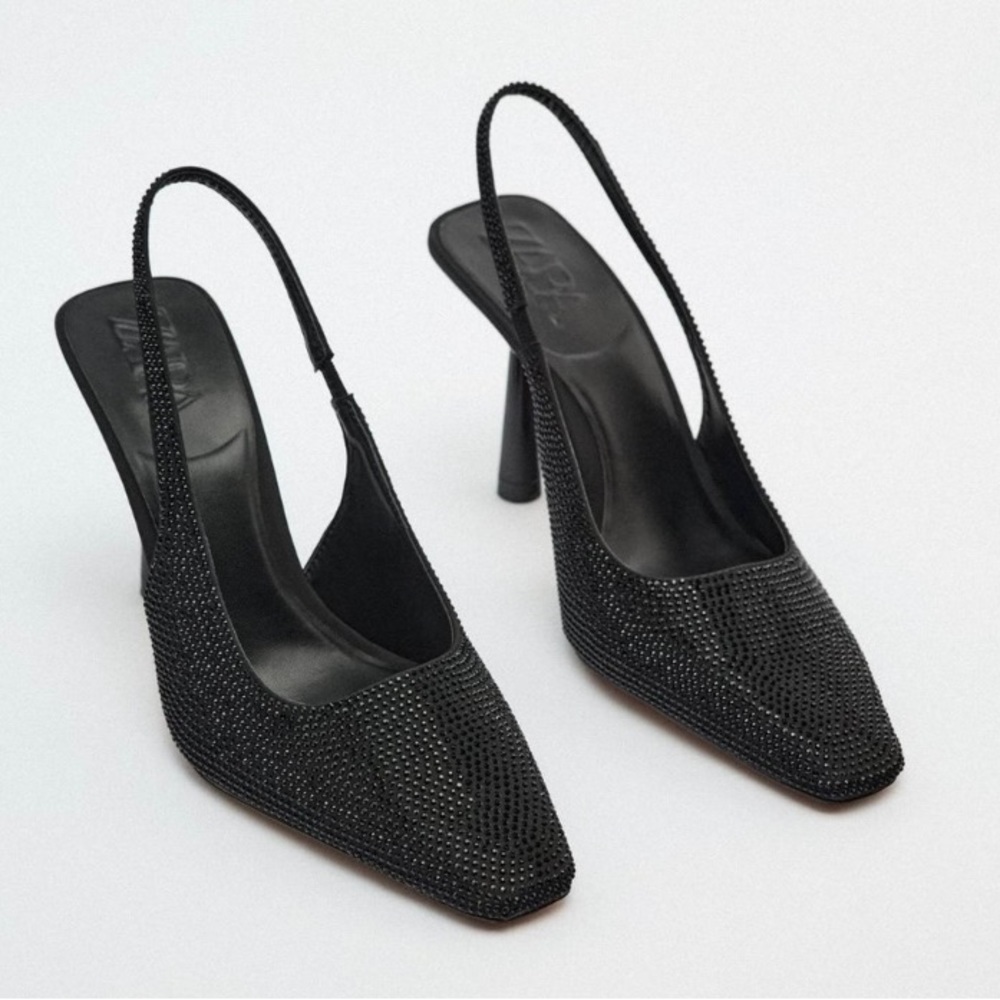 Zara Black Rhinestone Slingback Heels. NWT. Size 6.5